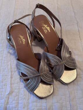Seychelles Tender Metallic Gold and Silver Leather Ankle Strap Block Heel Sandal
